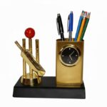 Elegant Gold Finish Metal Pen holder with Cricket Theme and Analog Table Clock Desk Organizer - Image 2